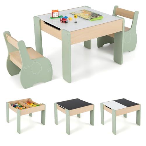 RELAX4LIFE 3 in 1 Set Tavolo e 2 Sedie per Bambini in Legno, Tavolino Attività con Lavagna (Bianco/Nero), Piano a Doppia Faccia per Giocare, Disegnare e Conservare, per Cameretta (Verde)