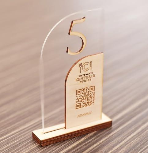 Segnatavolo Personalizzato in Plexiglass e Legno con QR Code e Logo per Ristoranti