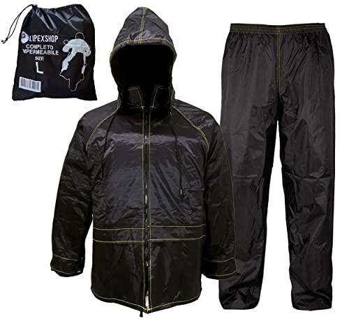 Auto Accessori Lupex - Tuta Moto Impermeabile Antipioggia Antivento, taglia M, con borsa, colore nero, set giacca e pantalone da pioggia con cappuccio a scomparsa, Unisex Uomo Donna