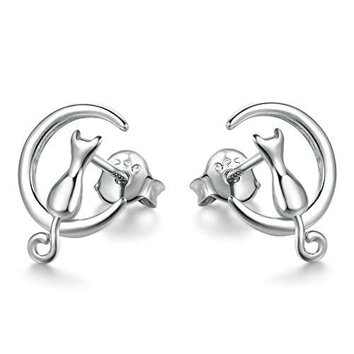 Epoch World Orecchini Gatto e Luna in Argento Sterling 925 per Donna e Bambina