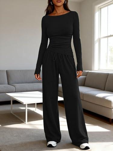 Set Felpa Donna Crop Top e Pantaloni a Gamba Larga - Nero