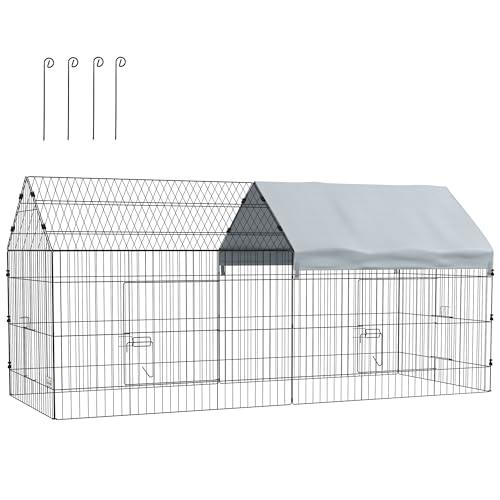 PawHut Gabbia per Conigli e Galline da Esterno e Interno con Tettuccio, 220x85x103cm, Argento