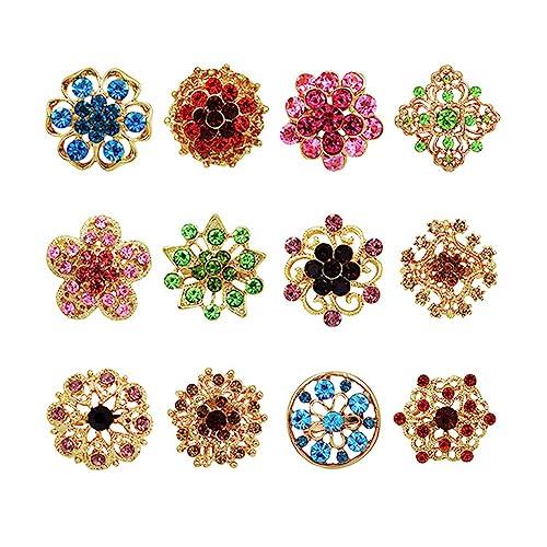 Set di 12 Spille con Bottone in Cristallo - Design Floreale e Strass Argentati