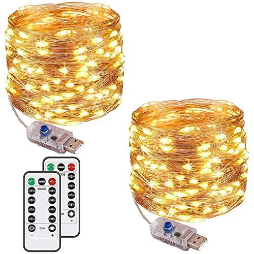 [2 Pacchi] Catena Luminosa 120 LED 12M 8 Modalità, con Presa USB, Impermeabili IP65 Filo di Rame Luci, Per Esterni/Interni, con Timer Remoto Per Camera da Letto, Feste, Natale (Bianco Caldo)