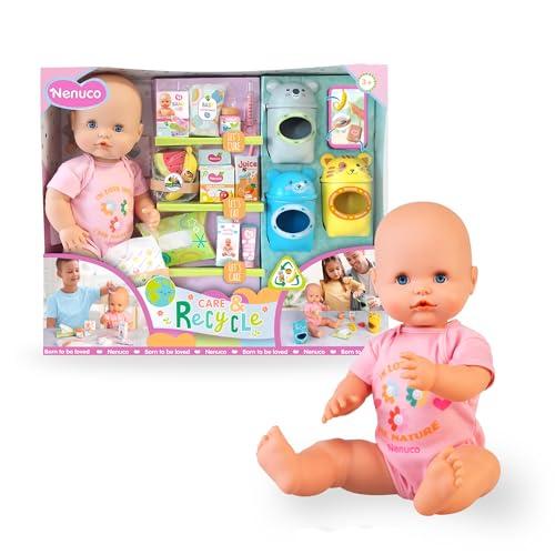 Nenuco Cura & Ricicla, Bambola 42 cm con corpo rigido, accessori per la pappa, per il cambio del pannolino e per la cura delle ferite, include 3 contenitori per il riciclo, +3 anni, Famosa (NFN98000)
