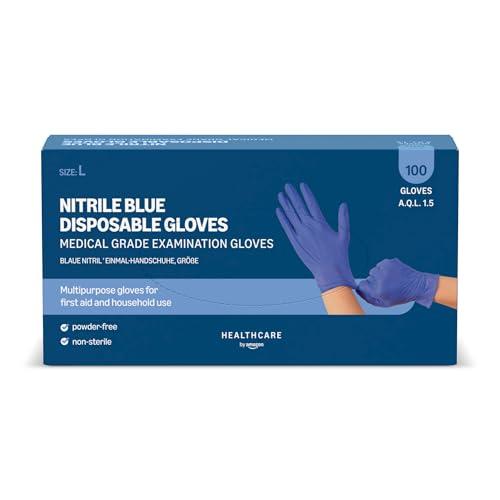 Amazon Basic Care Guanti monouso blu in nitrile, Senza polvere, Taglia L, 100 unità (Precedentemente Marchio Hevea)