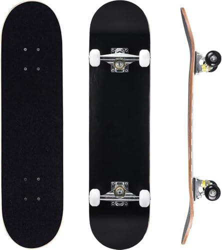 ERNAN Skateboard Completo per Principianti. Skateboard completo professionale da 31 * 8 pollici. Double Kick Deck Concavo con 7 strati per adulto, ragazzi, ragazze. (Black C)