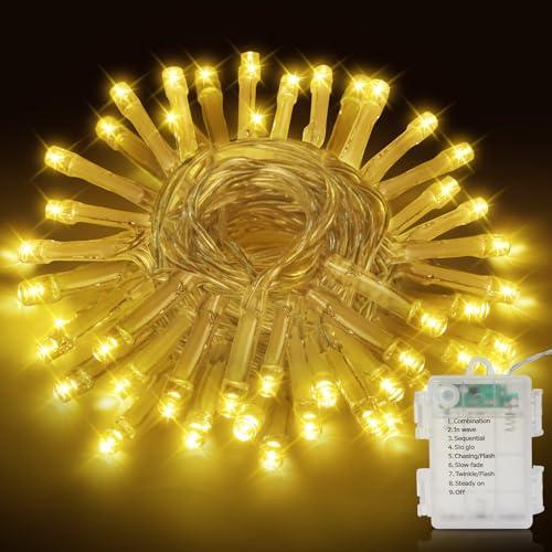 Realky Luci Albero di Natale a Batteria, 5M 50LED Luci Natalizie da Esterno ed Interno, 8 Modalità con Funzione Memoria Impermeabile Luci di Natale per Giardino, Balcone, Festa, Casa - Bianco Caldo