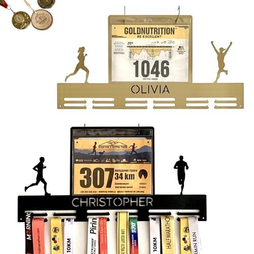 Porta medaglie da gara in metallo, Portabavaglini e medaglie, Nome personalizzato, Supporto parete, Espositore per medaglie per premi, Maratona di corsa, 10 Protettivi per numeri di gara degli atleti