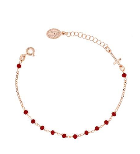 Bracciale Rosario Argento 925 Placcato Rosa con Pietre Rosse - Linea Italia Gioielli