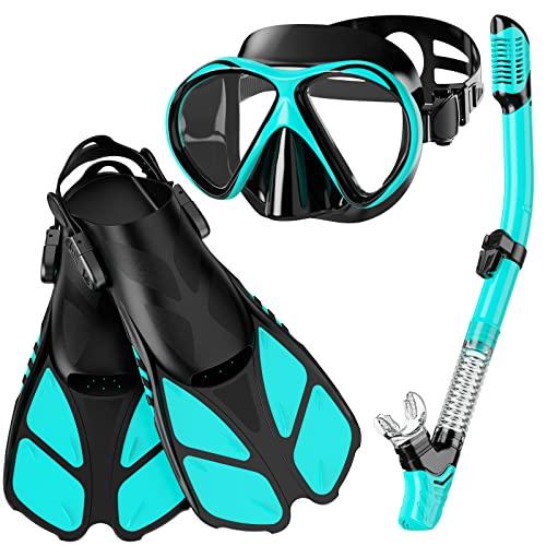 Smyidel Set e Pinne Snorkeling, Anti-Fog Maschera Subacquea Panoramica a 180 Gradi, Set per Snorkeling con Pinne Regolabil e di Tubi a Secco, Maschera Snorkeling Anti-Perdite, Unisex Adulto