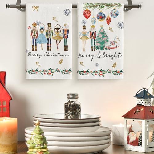 Set di 2 asciugamani da cucina con fiocchi di neve e alberi di Natale, 45 x 66 cm, decorazione con fiocchi di neve