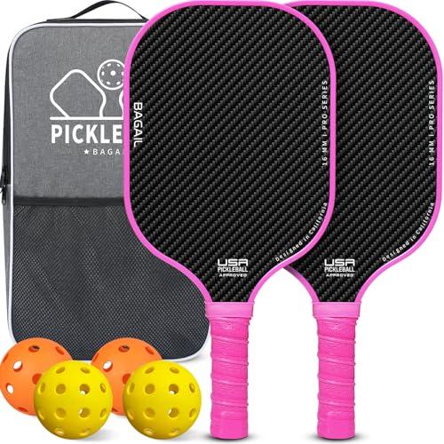 BAGAIL Set di racchette da pickleball, racchette con 4 palline, leggere - Elevato assorbimento degli urti - Ergonomiche, adatte per partite indoor e outdoor, Rosa