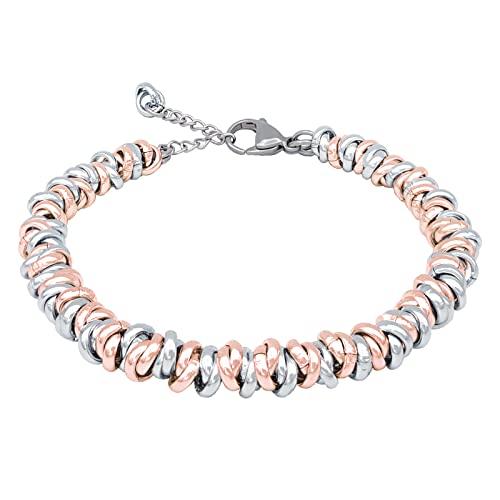 ParticolarModa Bracciale Donna regolabile nodini anelli intrecciati acciaio alluminio morbido 6 mm (Regolabile da 16 a 19 cm (x polso 13-15), Argentato/Rosa)