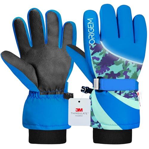Origem Guanti Neve Invernali Bambino Bambina, 3M Thinsulate Impermeabili Guanti Sci Termici con Touchscreen a 5 Dita Riflettenti Antiscivolo per Bambini 4-14 anni Snowboard Sciare Calcio Bici