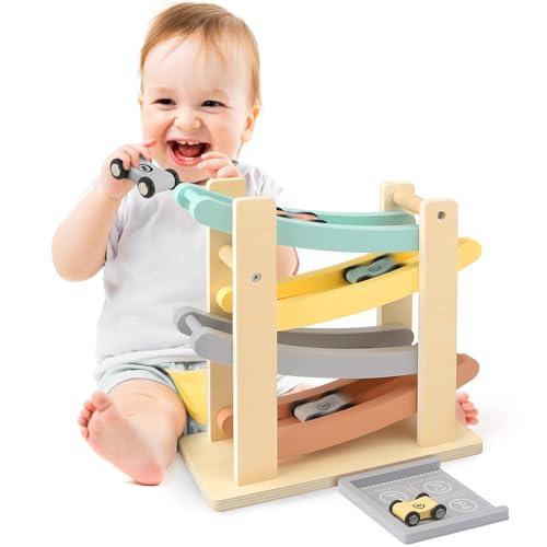Vanplay Pista Macchinine in Legno con Mini Auto e Garage - Gioco Educativo per Bambini 1-2 Anni