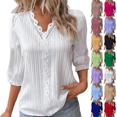 Maglietta da donna con scollo a V in pizzo, elegante, colletto irregolare alla moda, tinta unita, elegante, maniche a tre quarti, con nodo intrecciato, stampa primavera, maniche a sbuffo, morbido,