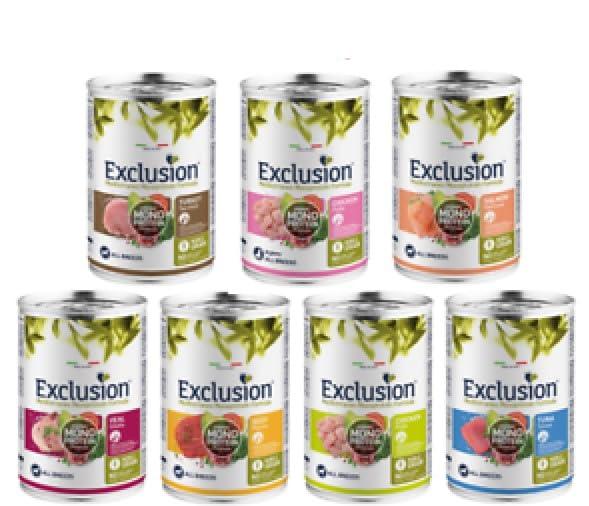Exclusion Mediterraneo Monoprotein Umido Cane Adulto - 7 Lattine Assortite da 400g