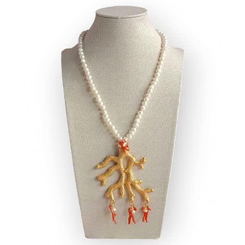 Collana di Perle con Ciondolo Pendente a Forma di Ramo di Corallo in Ottone