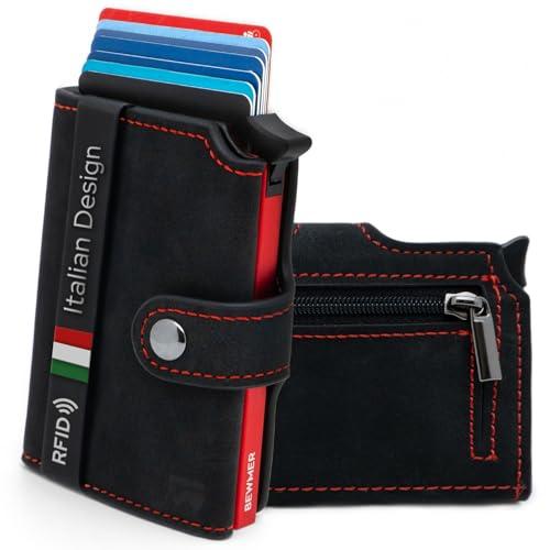 BEWMER Porta Carte di Credito 2 | Portafoglio Slim da Uomo e Donna con Rfid Protection Anticlonazione | Porta Tessere e Soldi con Portamonete (Nero Rosso)