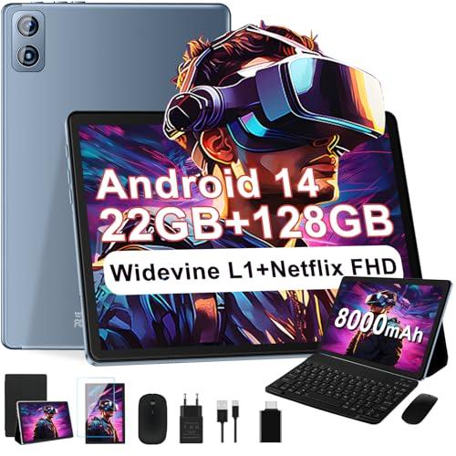 2025 Newest Tablet 10 pollici Android 14, 22GB RAM+128GB ROM/TF 1TB, 8-core 2.0GHz, 8000mAh, UFS 2.1 Flash, Corpo in Metallo, Doppio WiFi, BT5.0, 8+5MP, Widevine L1, Con Tastiera e Mouse, Gray