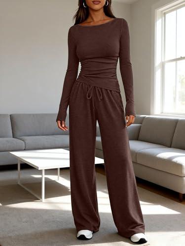 Set felpa da donna a maniche lunghe, scollo rotondo, crop top, gamba larga, casual, set da salotto, Marrone chiaro, Medium