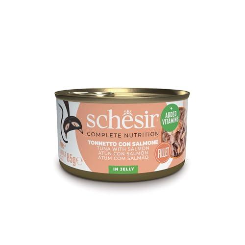 Schesir Tonnetto con Salmone in Gelatina, Cibo Umido per Gatti, in Lattine, 100% Naturale, con Vitamine Aggiunte, 12 x 85g
