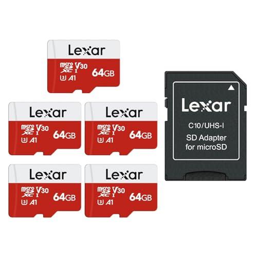 Lexar MicroSD 64GB (5 pezzi) con Adattatore SD, 100MB/s, A1, U3, C10, V30