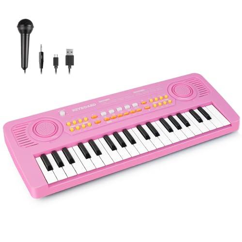 Pianola Tastiera Bambini Giocattolo Educativo Rosa con Microfono 37 Tasti