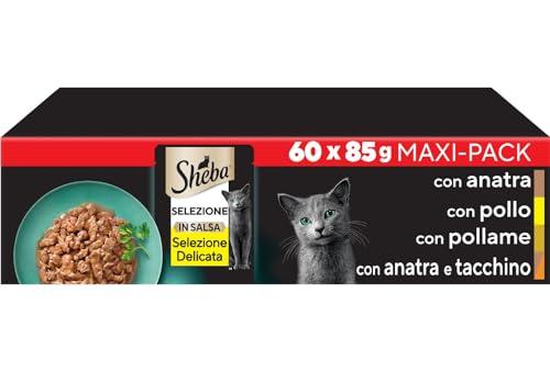 Sheba Selezione in Salsa, Pollo, Tacchino, Anatra E Pollame, Cibo Umido Completo per Gatti Adulti, 60 Bustine, 85 g, Confezione da 60