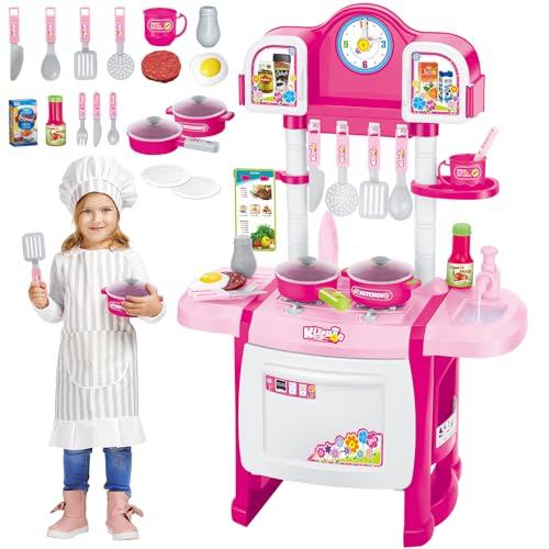 deAO My Little Chef Cucina Giocattolo Rosa con Luci e Suoni, 18 Accessori