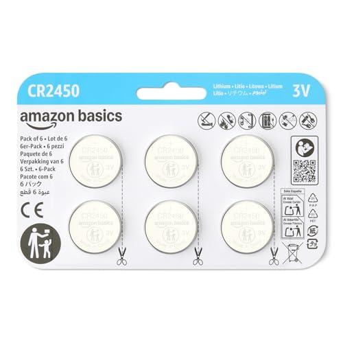 Amazon Basics, Batterie a bottone al litio CR2450, 3 volt, energia di lunga durata, senza mercurio, confezione da 6, Confezione Sicura per Bambini (Usare le Forbici per Aprire)