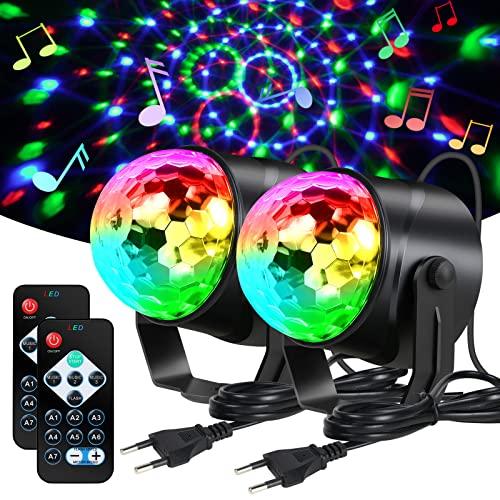 URAQT Luci Discoteca LED, 360° Ruotabile Musica Attivata Telecomando Luci da Festa, 7 RGBP Colori Fari per Illuminazione Palco per Natale, Bar, Club, Festa, Riunione di Famiglia (2 Pezzi)