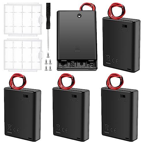 5 Pezzi 4 AAA Supporto Batteria, KUOQIY 4 x 1.5V AAA Portabatterie con Cavi e Interruttore On/Off e Coperchio, con Custodia Batteria in Plastica e Cacciaviti e Viti