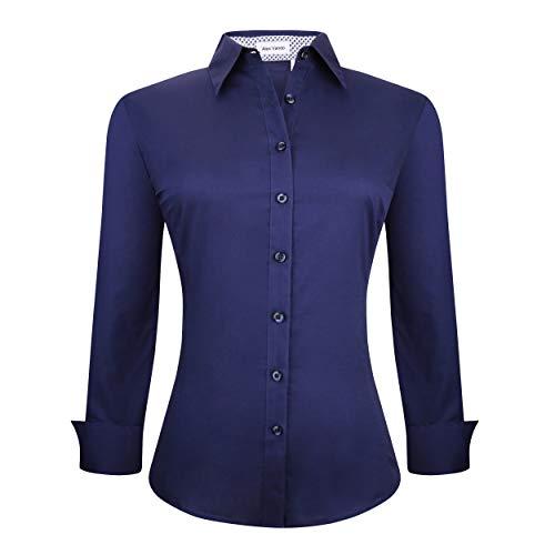 Alex Vando Camicia da lavoro elasticizzata da donna, maniche lunghe, vestibilità regolare, Blu Navy