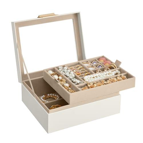 SONGMICS Scatola Portagioie 2 Livelli con Coperchio in Vetro, Bianco Nuvola e Dorato