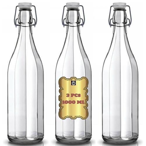 Set 3 Bottiglie Vintage in Vetro da 1 Litro con Tappo Meccanico