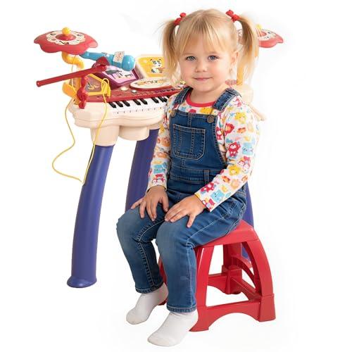 AIYAPLAY Pianola per Bambini 3-6 Anni con Sgabello, Microfono, Tamburo e Bacchette