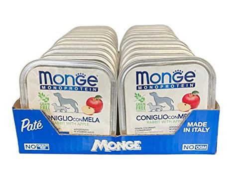 Monge Monoprotein Cibo umido per Cane Coniglio con Mela, naturalmente senza coloranti, conservanti e zuccheri aggiunti. Confezione da 24 vaschette (1 = 150gr.)
