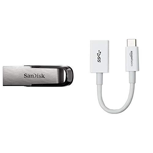 Sandisk Ultra Flair 64 GB, Chiavetta USB 3.0, Velocità di Lettura fino a 150 MB/s, Nero & Amazon Basics Adattatore da USB Type-C a femmina USB 3.1 Gen 1, colore bianco