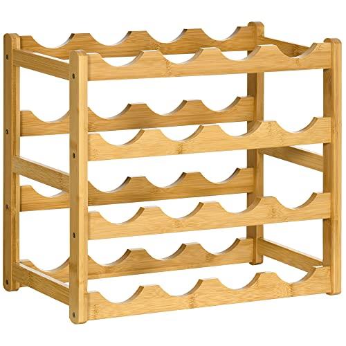 HOMCOM Scaffale Portabottiglie Vino in Bambù, 4 Livelli per 16 Bottiglie