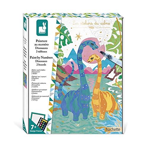 Janod - Set Dipingi con i Numeri Dinosauri - 2 Quadretti Fai-Da-Te - Les Ateliers du Calme - Attività Creativa per Bambini - Dai 7 Anni