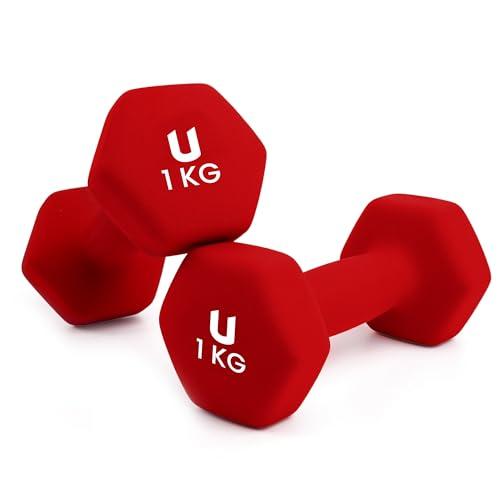 unycos - Set di 2 Manubri Antiscivolo in Neoprene, Coppia di Pesi Esagonale da 1 kg per Uomini/Donne, Nucleo in Ghisa, Allenamento della Forza, Fitness, Palestra in Casa (Rosso)