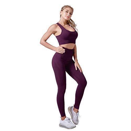 Jamron Donna Set di Abbigliamento Yoga Reggiseno Sportivo+Leggings 2 Pezzi Tuta Sportiva Palestra Fitness Activewear Viola Scuro SN071202 S