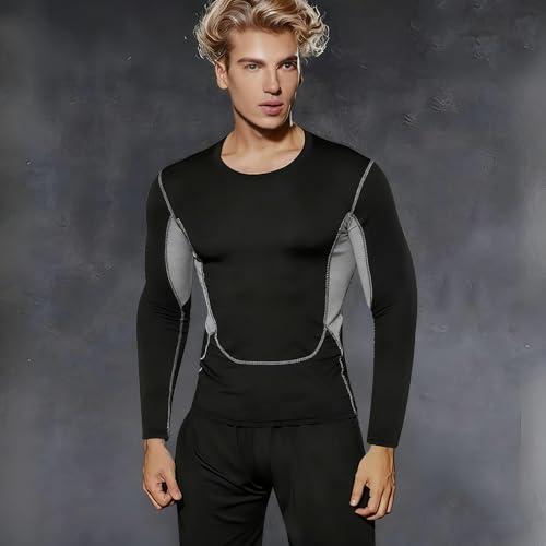 Camicie a compressione da uomo a maniche lunghe ad asciugatura rapida sport atletica allenamento base layer maglietta top, grigio e nero2, Grigio e nero 2, L