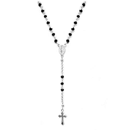 Linea Italia Gioielli - Collana Donna a Rosario Girocollo in Argento 925 con Pietre Nere, Croce E Medaglietta Madonna - Made In Italy