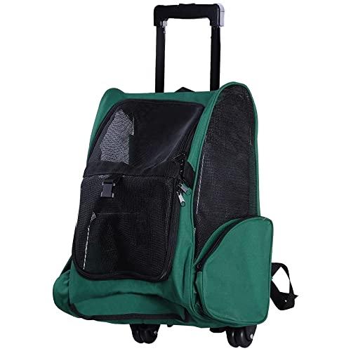 PawHut Trasportino Zaino 2 in 1 per Cani e Gatti con Tasche Laterali, Maniglia Telescopica e Ruote, 42x25x55cm, Verde