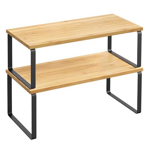 SONGMICS Scaffale Portaspezie, Set di 2 Organizzatori da Cucina Espandibili, Impilabile, Metallo e Legno, Nero Inchiostro e Beige Naturale