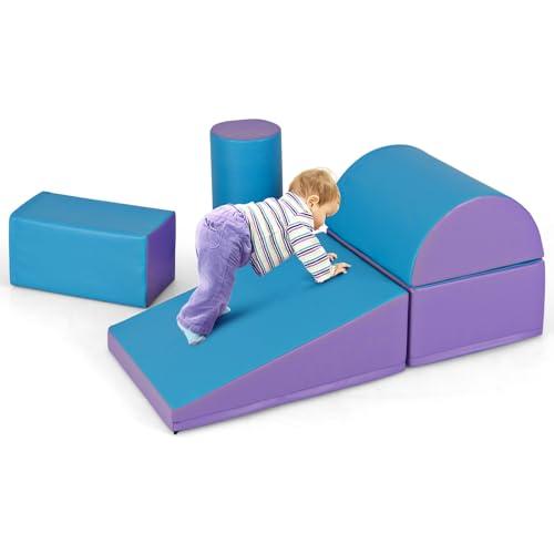 COSTWAY Set di 5 Blocchi con Diverse Forme e Colori, Giocattolo per Arrampicata e Strisciamento, Aiuta i Bambini a Crescere (Blu e viola)