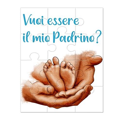 Vuoi essere il mio padrino? Piccolo Puzzle personalizzato per il padrino di battesimo disegno piedini e mani e frase personalizzata